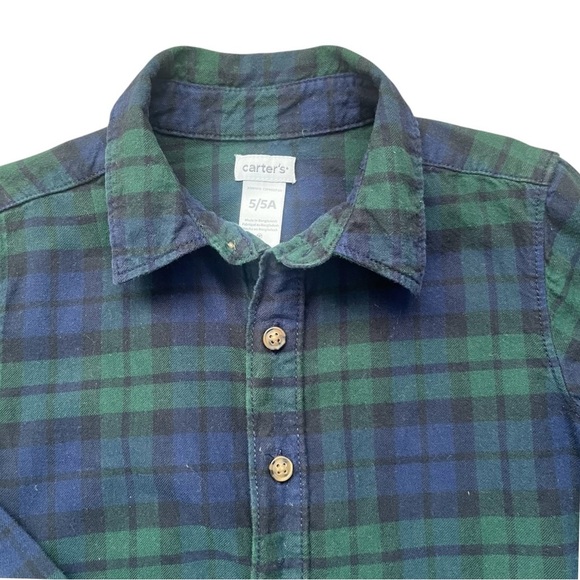 Carter’s casual school play plaid Boy 5/5A shirt button down green navy blue - Picture 4 of 8